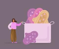 higiene femenina. la almohadilla de tela menstrual es un artículo de higiene para la protección de la mujer durante el ciclo menstrual, cero desperdicio, ilustración vectorial de dibujos animados vector