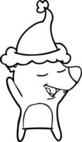 line drawing of a bear wearing santa hat vector