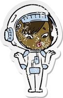 distressed sticker of a cartoon astronaut woman vector