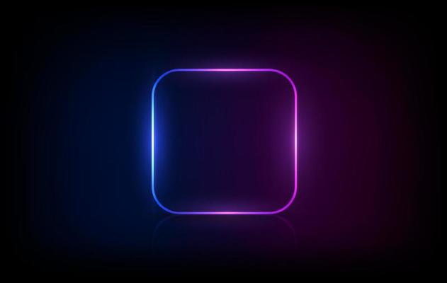 Neon rounded square frame with shining effects on dark background. Empty glowing techno backdrop. Vector illustration.
