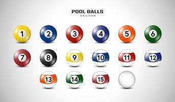 Billiard, pool balls with numbers collection. Realistic glossy snooker ball. White background. Vector illustration.