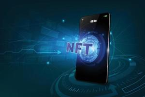 NFT Crypto Token with Mobile Phone App. Banner Non-fungible token and smartphone with app for buying crypto arts. NFT token in blockchain technology. vector