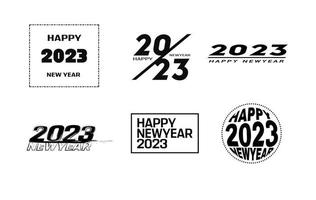 Big Set of 2023 Happy New Year logo text design. 2023 number design template. Collection of 2023 Happy New Year symbols. Vector illustration with black labels isolated on white background.