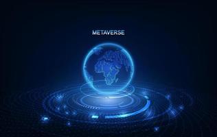 Metaverse, virtual reality, augmented reality and blockchain technology, user interface 3D experience. Word metaverse with world map globe in futuristic environment background. vector