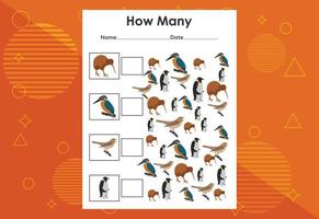 How many bird tasks. Educational children's game worksheet vector