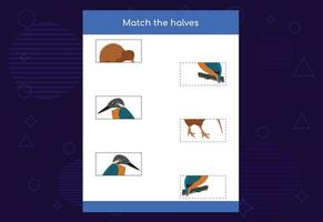 Matching game. Match halves of Birds. Educational game for children, printable worksheet vector