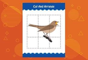 Cut and arrange with a bird worksheet for kids. Educational game for children vector