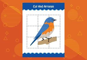 Cut and arrange with a bird worksheet for kids. Educational game for children vector