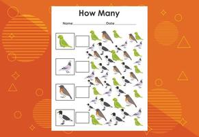 How many bird tasks. Educational children's game worksheet vector