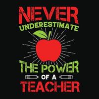 Never underestimate the power of a teacher - Teacher quotes t shirt, typographic, vector graphic or poster design.