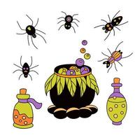 colorido conjunto dibujado a mano con un caldero de brujas, botellas de veneno y arañas. ilustración vectorial para tarjetas de felicitación de halloween, carteles. vector