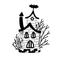 Scary house surrounded by bare trees. Vector hand drawn illustration. Black color. Great for Halloween design