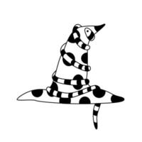 Polka dots witch hat decorated with a snake. Vector hand drawn doodle illustration. Great for Halloween design.