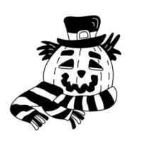 Vector hand drawn illustration of a Jack O lantern with a hat and striped scarf. Black color. Great for Halloween design.