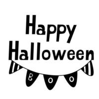 feliz tarjeta de felicitación de halloween con boo garland. ilustración dibujada a mano vectorial y letras, color negro. vector