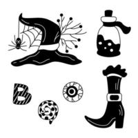 Hand drawn set with Halloween decorations. Poison bottles,  boo lettering, witch boot.  Vector illustration for creating greeting card, posters.