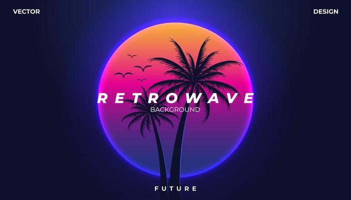 Retro background 80s Landscape palm tree. Synthwave, retrowave, cyber neon.