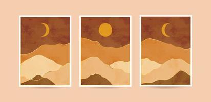 Abstract mountain landscape aesthetic boho art print collection. Wall decor mid century minimalist flat design background. vector