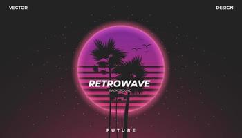 Retro background 80s Landscape palm tree. Synthwave, retrowave, cyber neon. vector