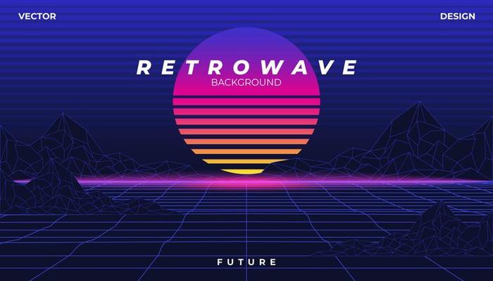 Background Landscape grid 80s Styled. Synthwave, retrowave, cyber neon.