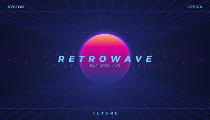Retro background 80s Landscape Grid. Synthwave, retrowave, cyber neon.