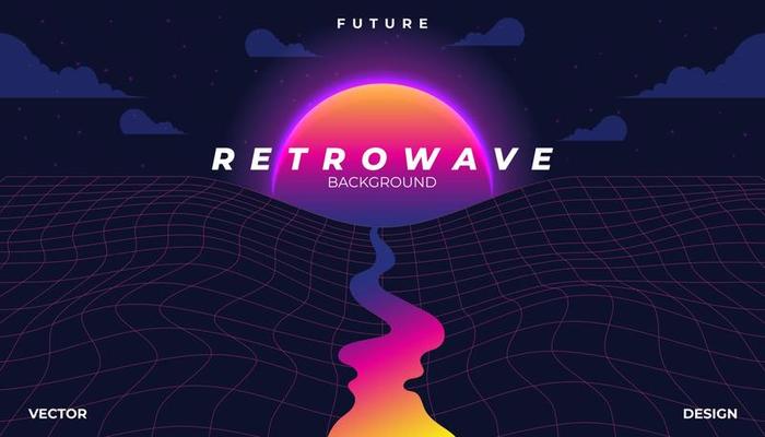 Retro background 80s Landscape Grid. Synthwave, retrowave, cyber neon.