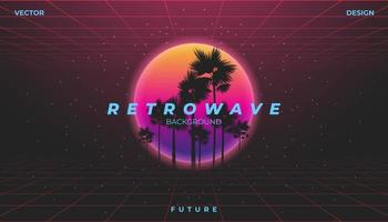 Retro background 80s Landscape palm tree. Synthwave, retrowave, cyber neon. vector