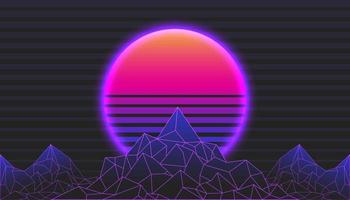 Retro Background Mountain Landscape 80s Styled. Synthwave, retrowave, cyber neon. vector
