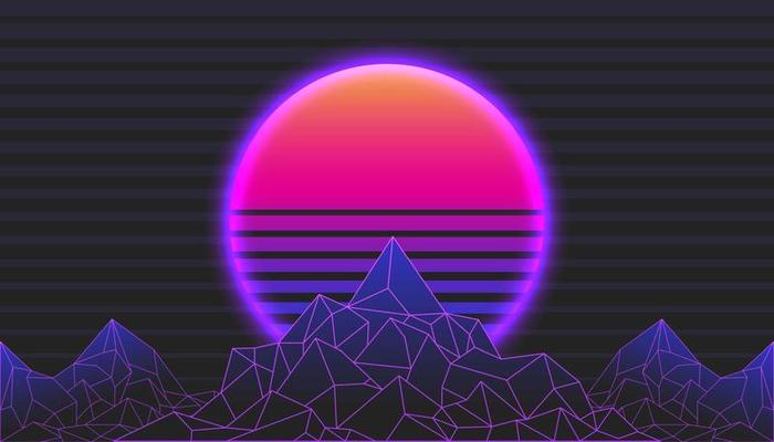Retro Background Mountain Landscape 80s Styled. Synthwave, retrowave, cyber neon.