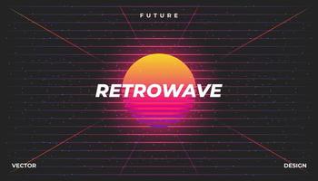 Retro background 80s Landscape Grid. Synthwave, retrowave, cyber neon. vector