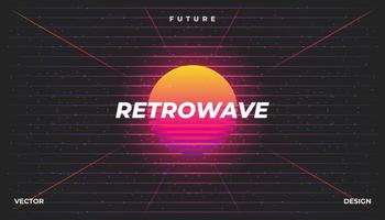 Retro background 80s Landscape Grid. Synthwave, retrowave, cyber neon. vector