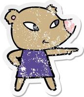 distressed sticker of a cute cartoon bear in dress vector