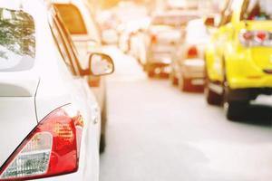 traffic jam in a city street road row of car on express way in rush hour. photo