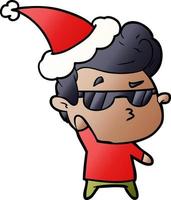 gradient cartoon of a cool guy wearing santa hat vector