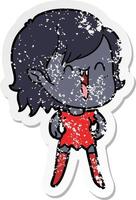 distressed sticker of a cute cartoon happy vampire girl vector