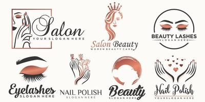 salón de belleza de lujo, diseño de logotipo de conjunto de iconos de uñas y pestañas vector