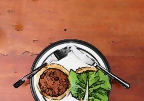 Comic style painting of a healthy burger on a white plate photo