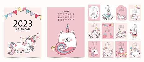 2023 table calendar week start on Sunday with unicorn that use for vertical digital and printable A4 A5 size
