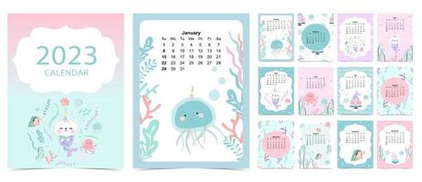 La semana del calendario de mesa 2023 comienza el domingo con sirena y ballena que se usan para tamaño a4 a5 digital e imprimible vertical vector