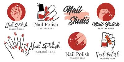 diseño de logotipo de conjunto de iconos de esmalte de uñas o salón de uñas. manicura, esmalte de uñas y logotipo de dedo femenino vector