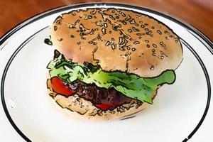 pintura de estilo cómico de una hamburguesa saludable en un plato blanco foto