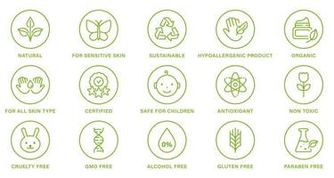 Cosmetic Organic Product Line Green Set Stamp. Natural Healthy Eco Bio Food, Cruelty Free, Non Alcohol and Paraben Label. Nature Sustainable Product Outline Sticker. Isolated Vector Illustration.
