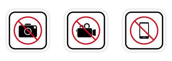 Photography Forbidden Area Icon. No Video, Photo Camera, Mobile Phone Black Silhouette Ban Icon Set. Camera Prohibited. Not Allowed Zone for Recording Red Stop Symbol. Isolated Vector Illustration.