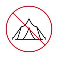 prohibir el icono de la línea negra de la tienda de campaña. advertencia prohibir el pictograma de la tienda de aventura turística. símbolo de esquema de parada de camping. no se permite señal de refugio turístico. carpa de campaña prohibida. ilustración vectorial aislada. vector