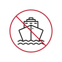 icono de prohibición de línea negra de crucero. pictograma de contorno de zona prohibida del contenedor del barco. símbolo de parada roja marina de carga. señal de barco de área ilegal. Prohibido el transporte marítimo. ilustración vectorial aislada. vector