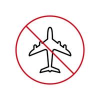 icono de prohibición de la línea negra del avión. pictograma de contorno prohibido de avión de advertencia. símbolo de círculo de parada roja de aviación. Alerta sin señal de avión. precaución vuelo jet prohibido peligro. ilustración vectorial vector