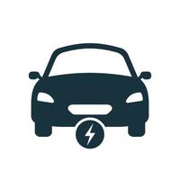 Electric Car Black Silhouette Icon. Eco Electro EV with Bolt Green Symbol. Electric Car with Lightning Sign. Ecology Hybrid Vehicle Glyph Pictogram. Electronic Automobile Logo. Vector Illustration.