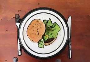 pintura de estilo cómico de una hamburguesa saludable en un plato blanco foto