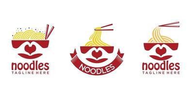 Modern and simple icon set logo design noodle with combination bowl, hand  and love vector