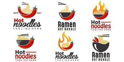 fideos calientes en llama de fuego restaurante picante conjunto de iconos de patio de comidas vector de diseño de logotipo